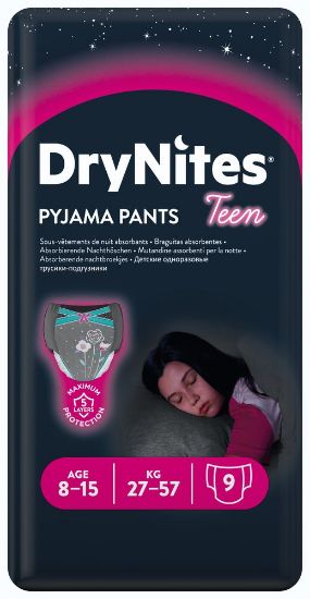 Pilt Huggies püksmähkmed DryNites 27-57kg 8-15aastane tüdruk 9tk