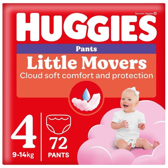 Pilt Huggies püksmähkmed Little Movers 4 Box Girl 9-14kg 72tk